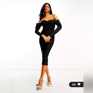 ASOS DESIGN off shoulder bandage corset midi dress in black